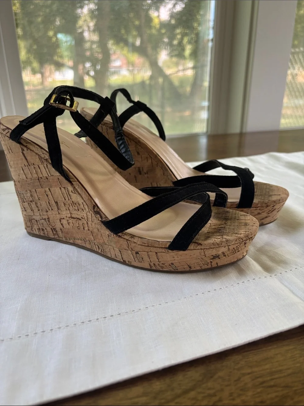 Lulu's Black Cork Platform Wedge Sandals